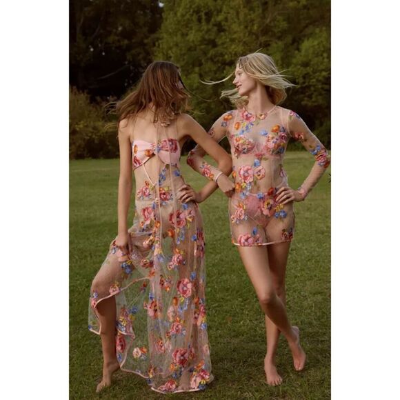 For Love & Lemons Delaney Peony Embroidered Sheer Lace Maxi Dress - Picture 1 of 16